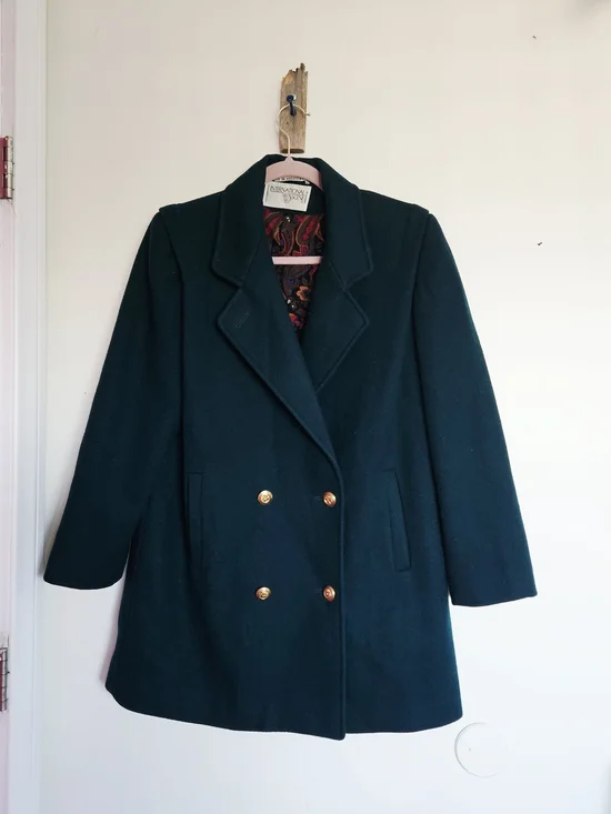 Vintage Double-Breasted Forest Green Wool Blend Peacoat Size 8 - Picture 3 of 9